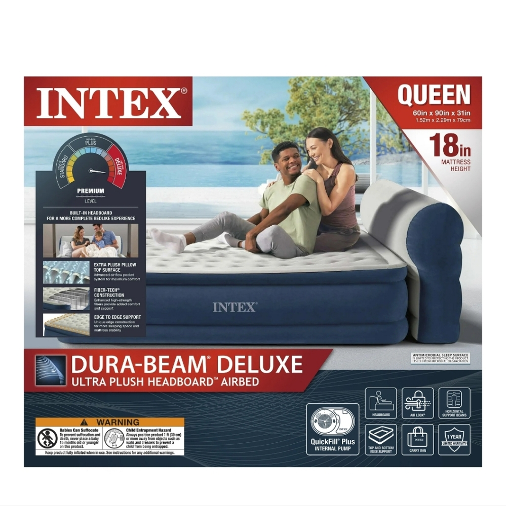 BRAND NEW Intex 18' Queen airbed with backboard/ air pillow